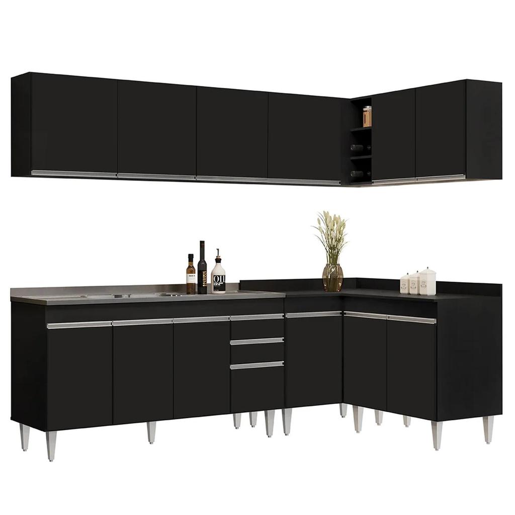 Armário de Cozinha Modulado de Canto 6 Peças CP33 com Pia Inox Preto - Lumil