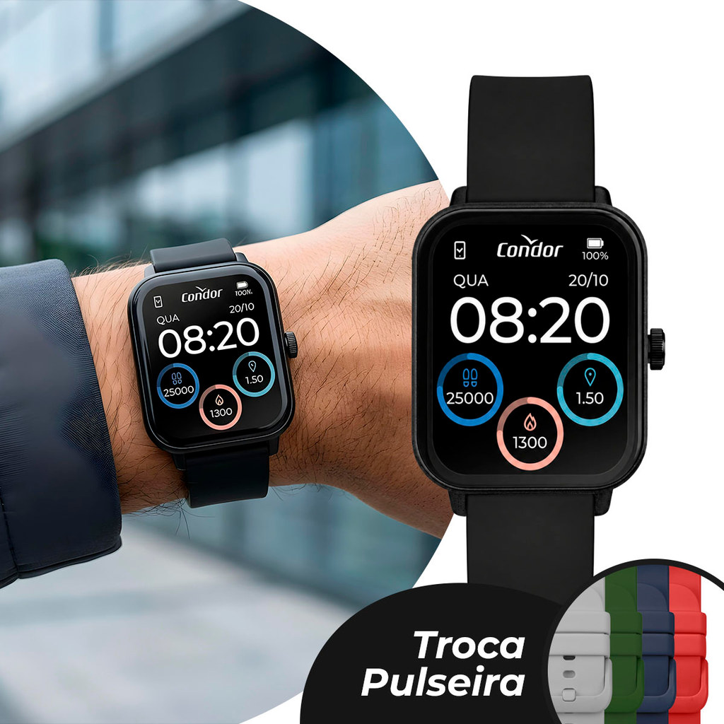 Smartwatch Relógio Inteligente Kit 5 Pulseiras Preto com Caixa de Polímero e Pulseira de Silicone à Prova d Água Condor
