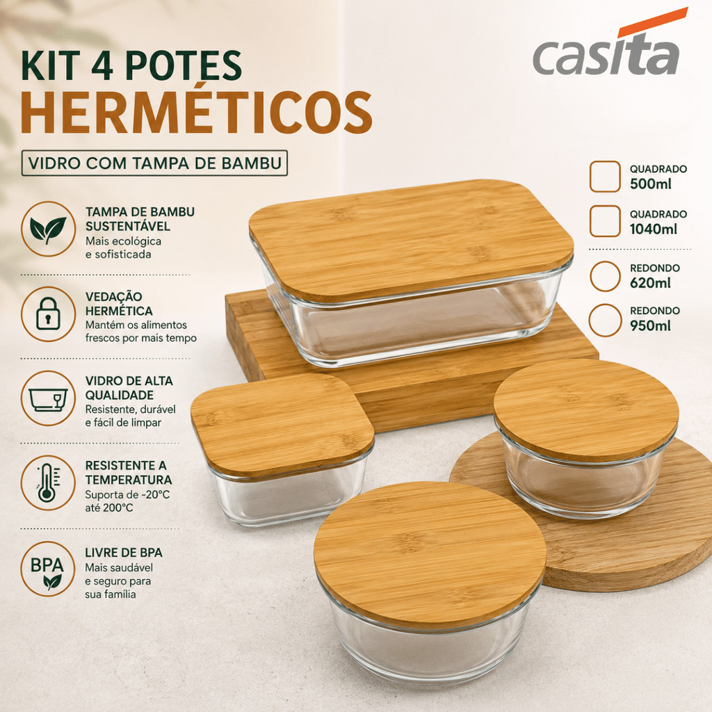 Kit Pote Hermético Vidro Quadrado 500ml 1040ml Redondo 620ml 950ml Tampa Bambu 200° - Casíta / Luxo