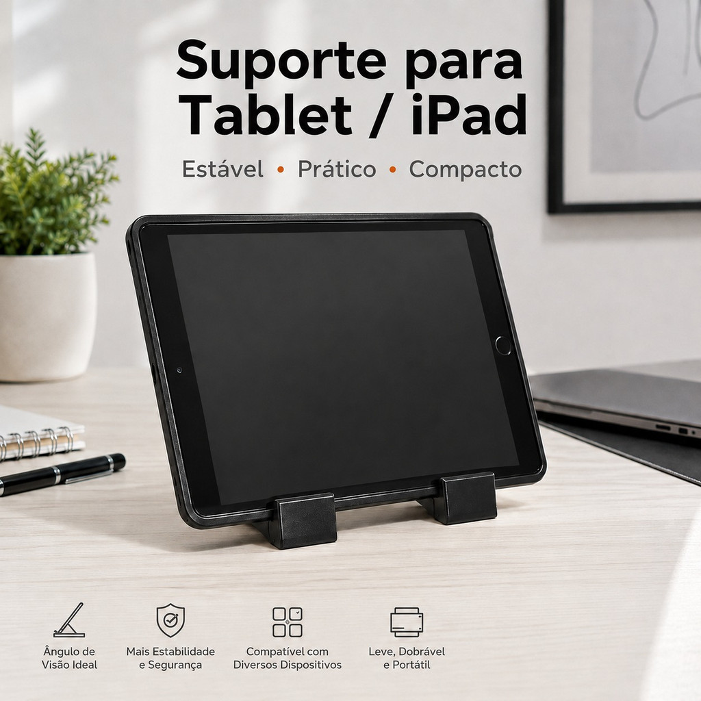 Suporte Para Tablet iPad De Mesa Portátil Apoio Universal Preto Branco Estável Compacto