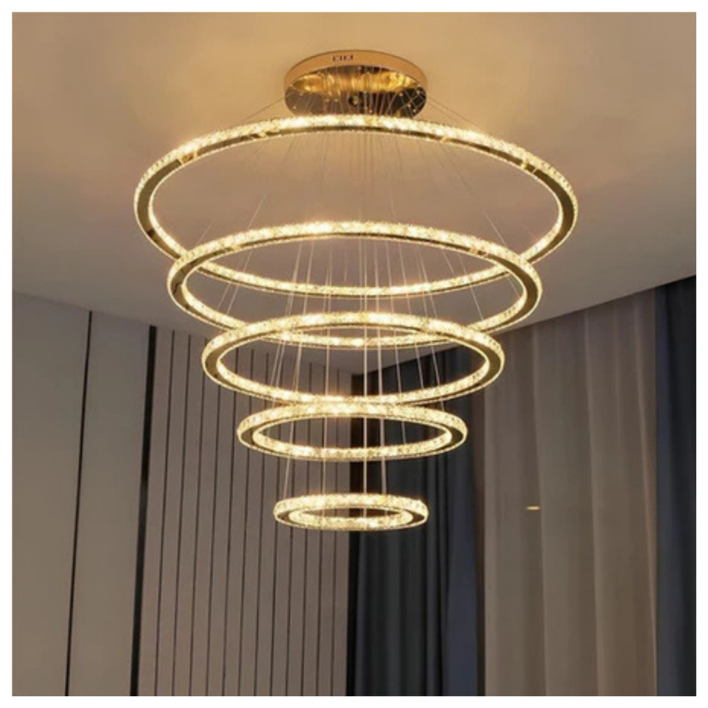 Lustre Pendente para sala Luminária teto Dourado Cristal 5 Anéis Aros Luz de LED Gold Grande