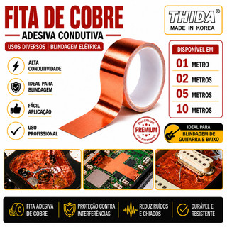 Fita de Cobre Adesiva Condutiva  Blindagem Elétrica p/ Guitarra, Baixo, Circuitos, EMI/RFI