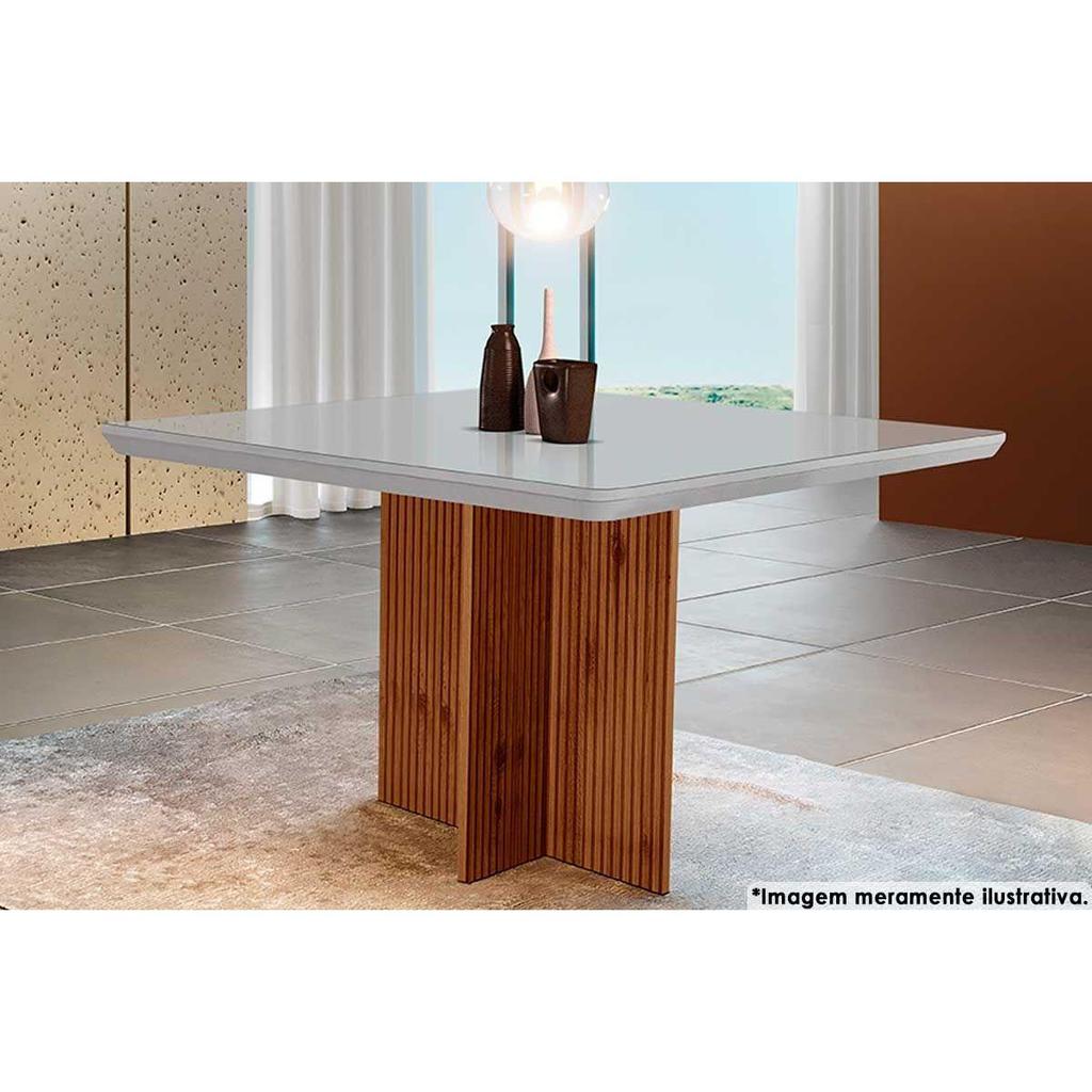 Mesa de Sala Jantar Berlim c/ Tampo 90x90cm Madeirado Vidro Canto Curvo - Imbuia Ripado 3D/Off White - Rufato