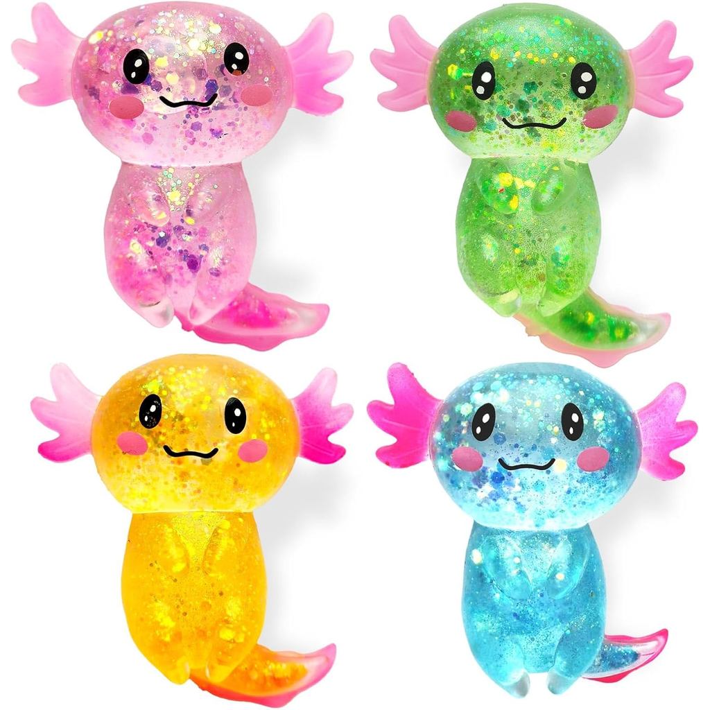 4 Peças de Brinquedos Antiestresse de Axolote, Brinquedos Antiestresse com Glitter, Brinquedos Fofos de Axolote de Malto