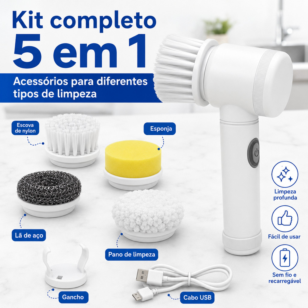 Escova Elétrica de Limpeza 5 em 1 Sem Fio Multiuso para Cozinha, Banheiro e Casa