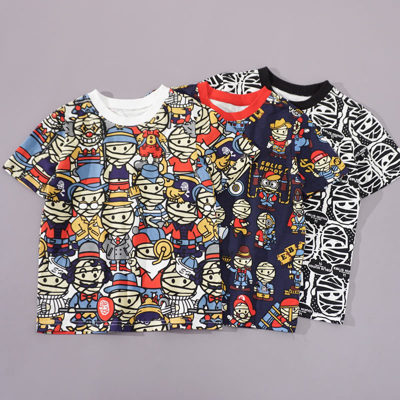 Meninos verão estilo impressão completa padrão em torno do pescoço de manga curta camiseta infantil camisa de fundo 2