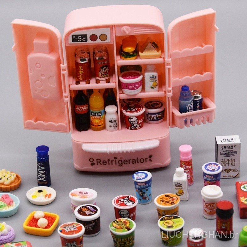Miniatura de Simulação de Paisagem, Brinquedo de Cozinha em Miniatura com Refrigerador de Duas Portas e Comida em Miniat