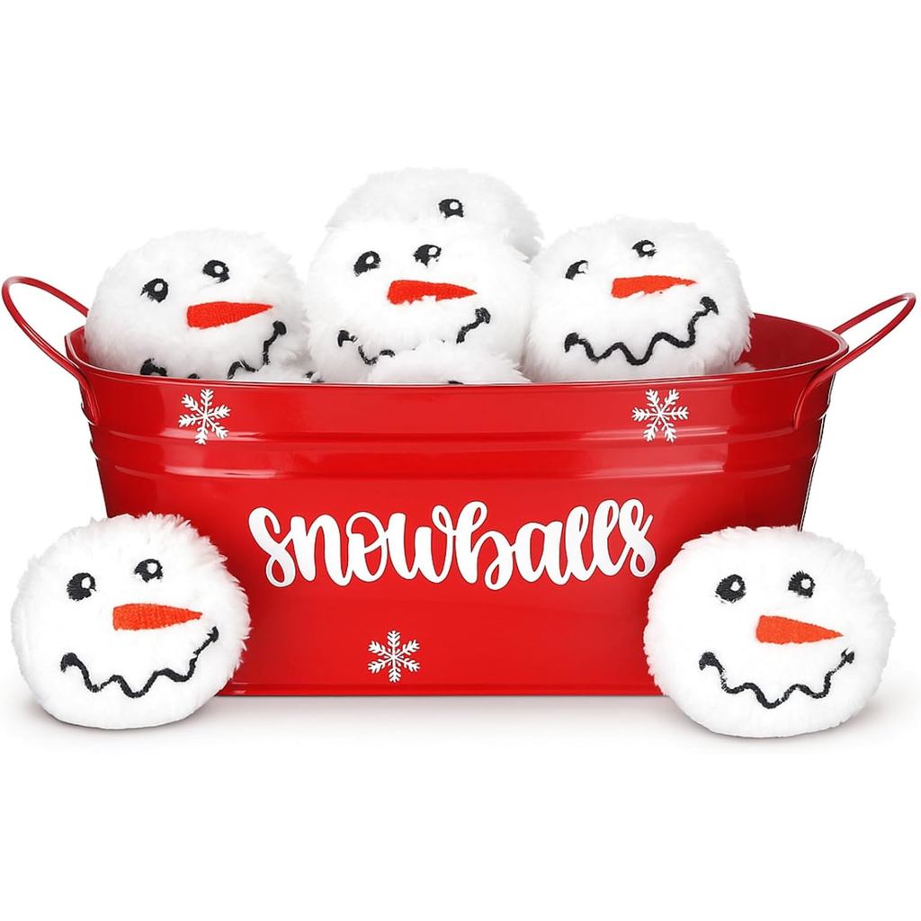 Mimorou Christmas Bucket Snowball for Fight Indoor Set with 12 White Plush Snow Balls Red Bucket and Balls for Xmas Part
