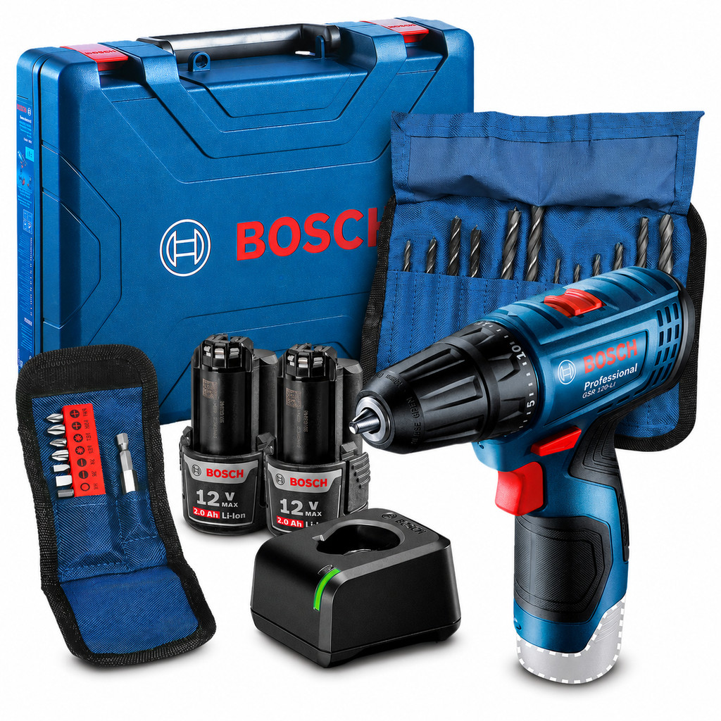 Parafusadeira GSR 120-LI Bosch Furadeira 12V com Brocas e Bits 2 Baterias Carregador e Maleta
