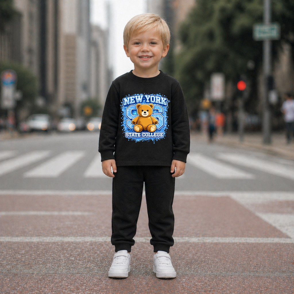 Conjunto Inverno Menino Moletom Estampa Urso New York Fofo Estiloso Quentinho