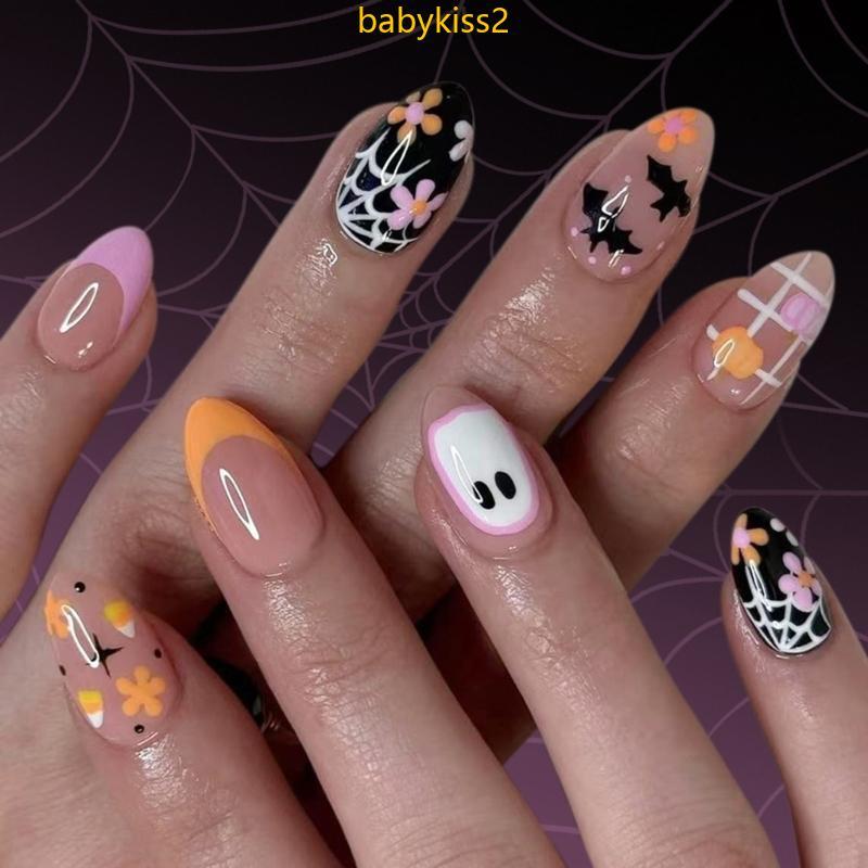24 Unidades Prensa Halloween Unhas Amêndoa, Falsas Artificiais Assustadoras Para