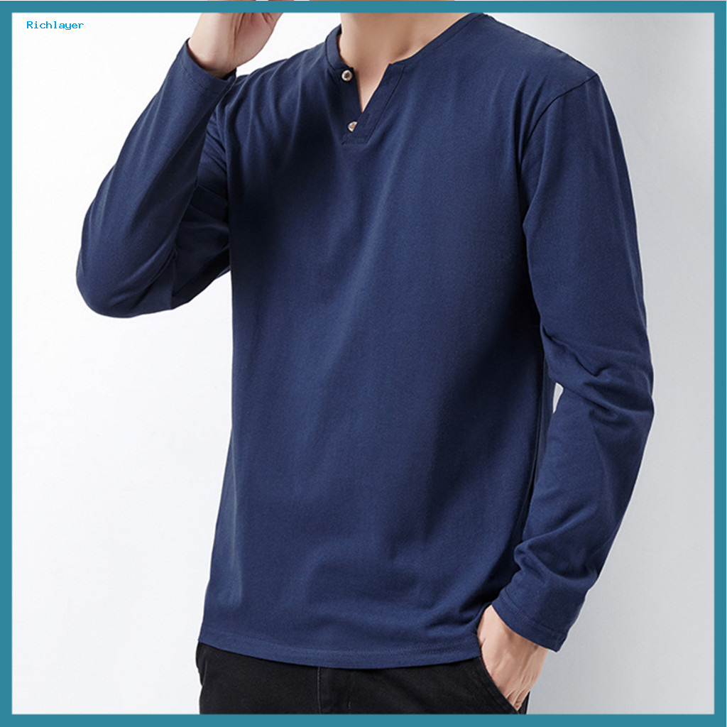 Long-sleeved Top Spring Men's Fall V-neck Buttoned Long Sleeve Pullover T-shirt Loose Fit Pure Color Casual Sport Homewe
