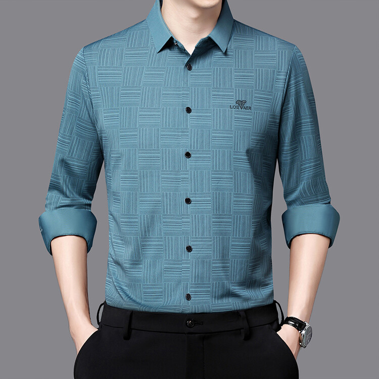 Woodpecker High-End sem costura camisa de manga comprida masculina primavera verão negócios Casual meia-idade longo @-