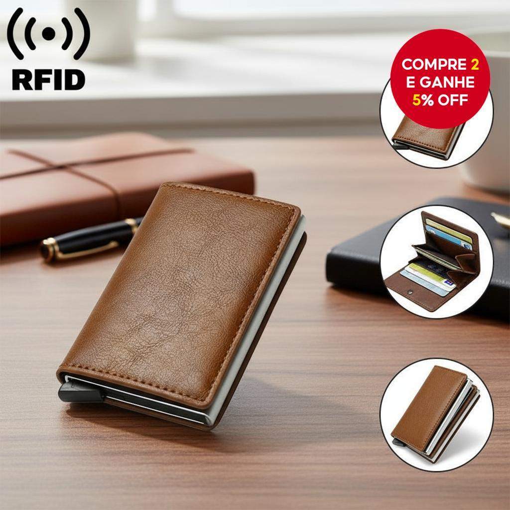  Carteira Masculina com Proteção RFID, Slim, Mini Porta-Cartões de Couro, Estojo Fino e Inteligente para Cartões