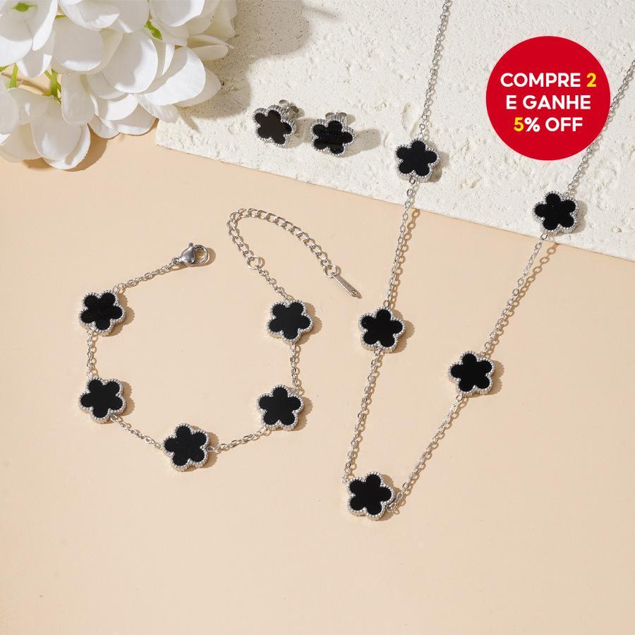 Conjunto de Joias Flor de Pétalas Sortudas em Aço Inoxidável - Colar, Bracelete e Brincos - Presente Unissex