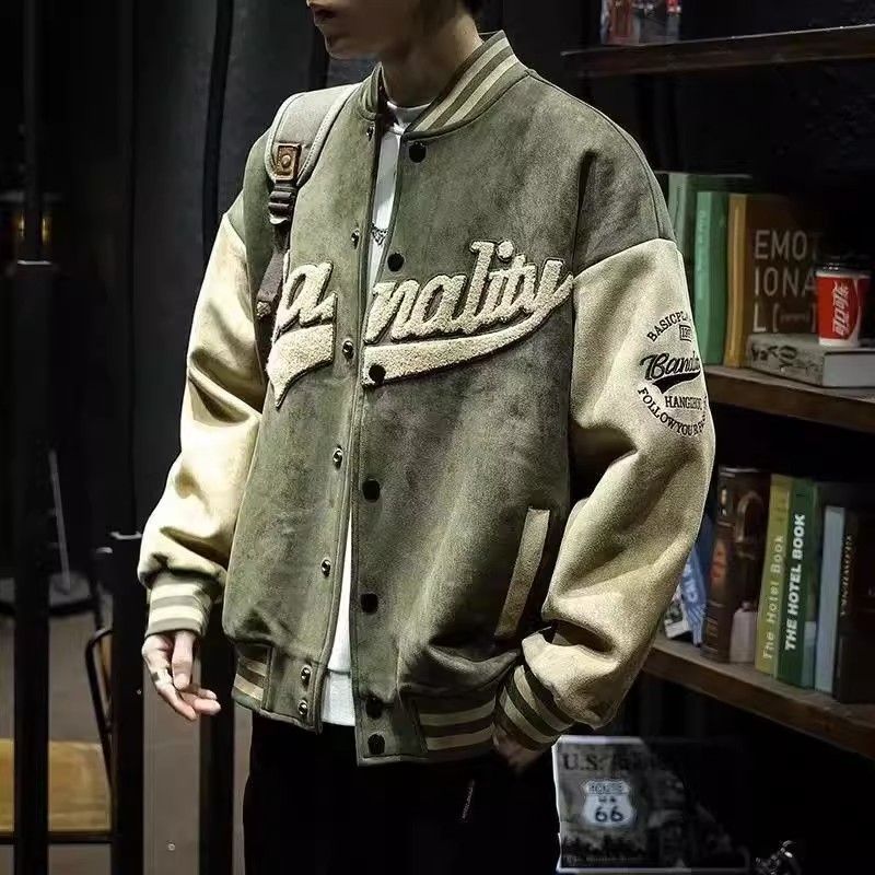 [Estoque pronto] Uniforme de beisebol esportivo de camurça fina masculino solto vintage primavera outono jaqueta Bomber