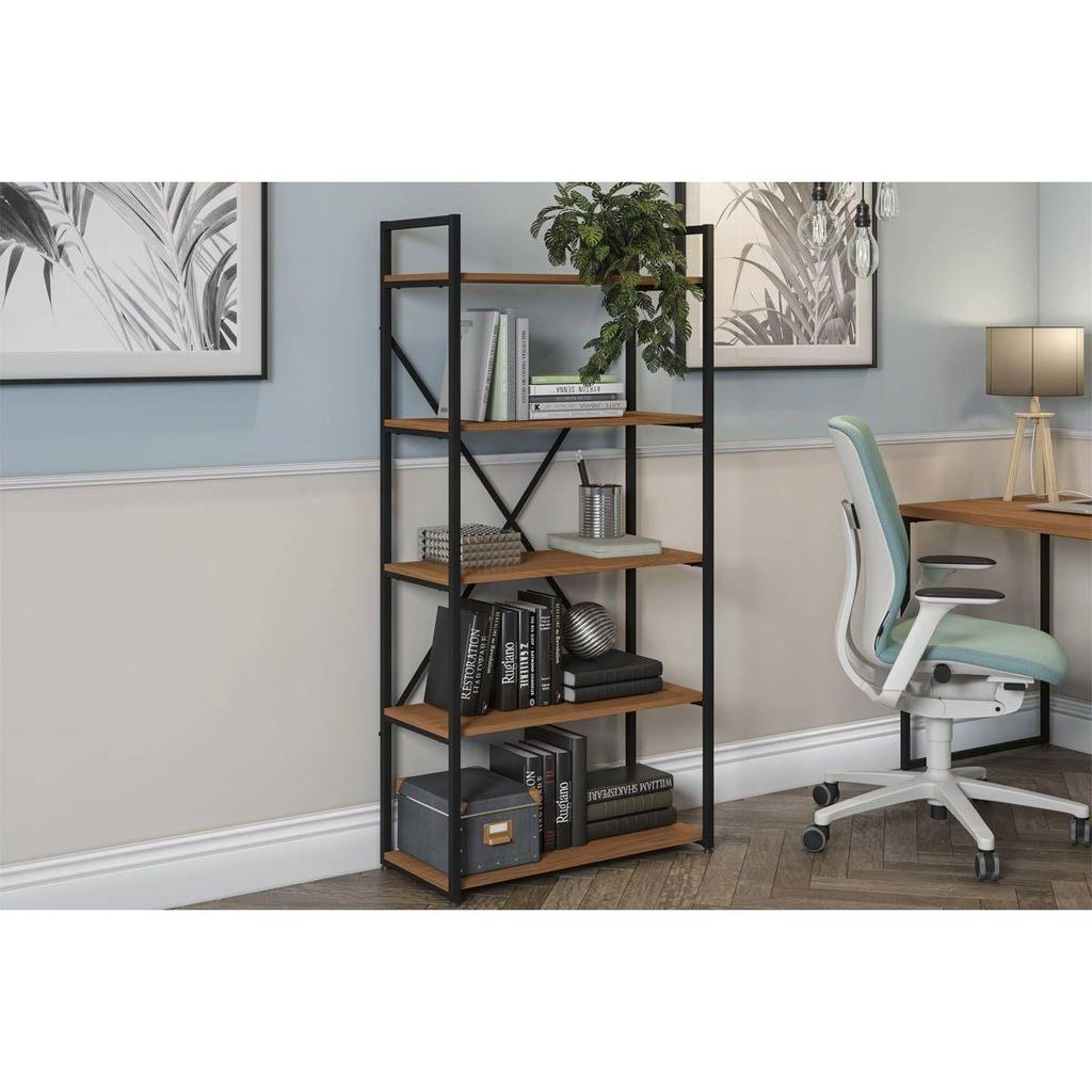 Estante p/Sala Industrial Alta LI006 Aço c/5 Prateleiras 72x152cm Freijo/Preto - Kappesberg