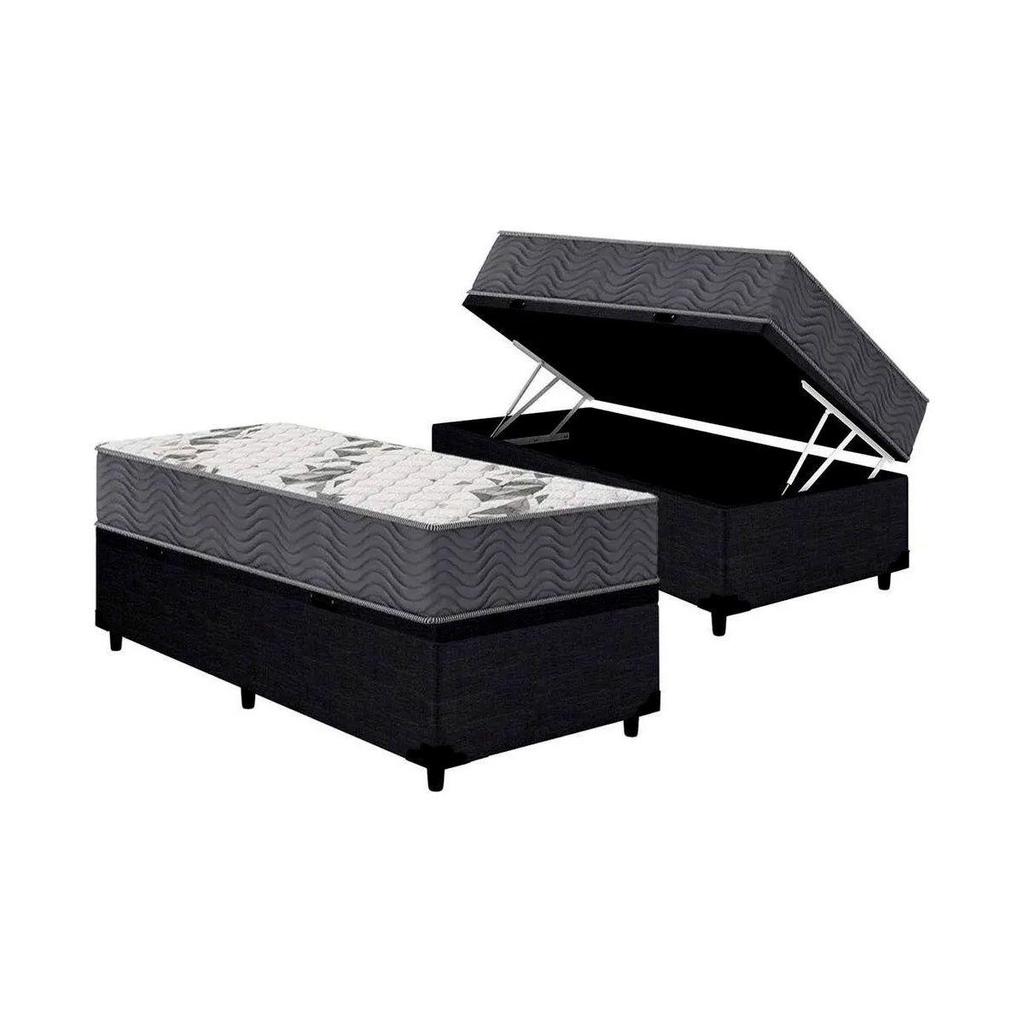Cama Box Baú Solteiro: Colchão Anatômico Ortobom D33 / Airtech 100 + Base CRC Courano Black(88x188)