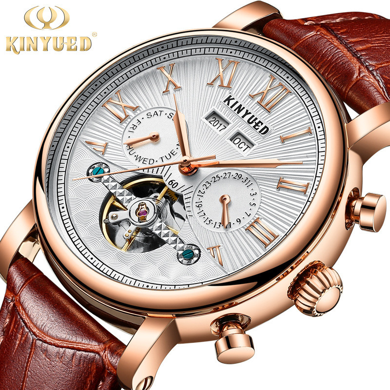 KINYUED KINYUED Genuíno Multifuncional Automático Calendário Perpétuo Moda Couro Genuíno Relógio Mecânico Oco Masculino