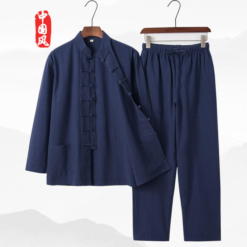 T Tang terno masculino Retro estilo chinês roupas masculinas de manga comprida camada de meditação roupas fivela algodão