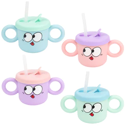 Caneca Infantil 280ml Colorida Tampa E Canudo Emborrachado