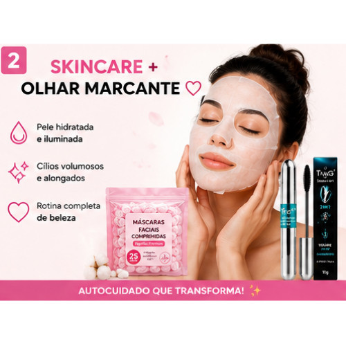 Kit Facial 25 50 ou 75 Máscaras Faciais Comprimidas + 1 2 ou 3 Máscaras de Cílios 2 em 1