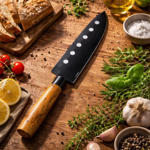 Faca Santoku Sushi Churrasco Inox Cabo Madeira Acacia 7 Grafite Furo Preta Legumes Japonesa Oriental Carne Profissional