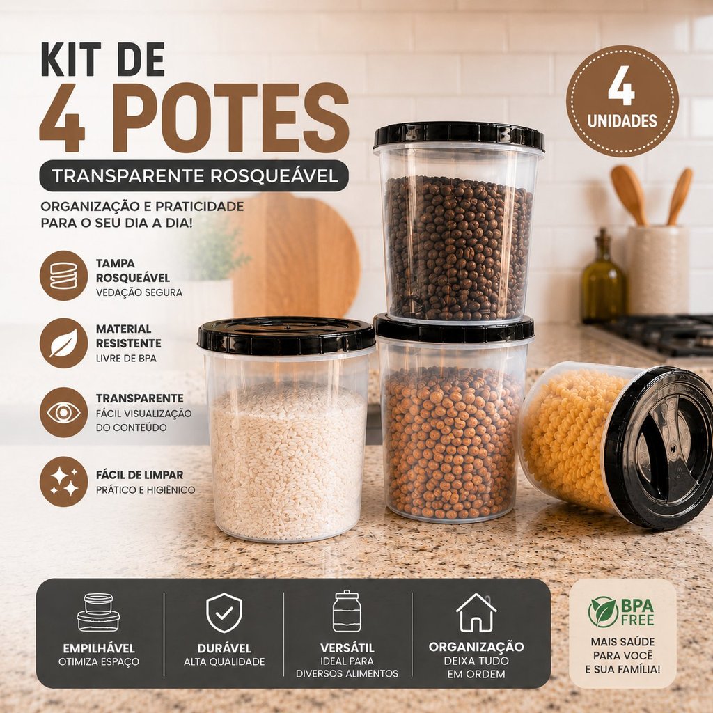 Jogo 4 Potes Redondo 2,2 Litro Transparente Tampa Rosca Pote Mantimento BPA FREE Cereais Biscoito