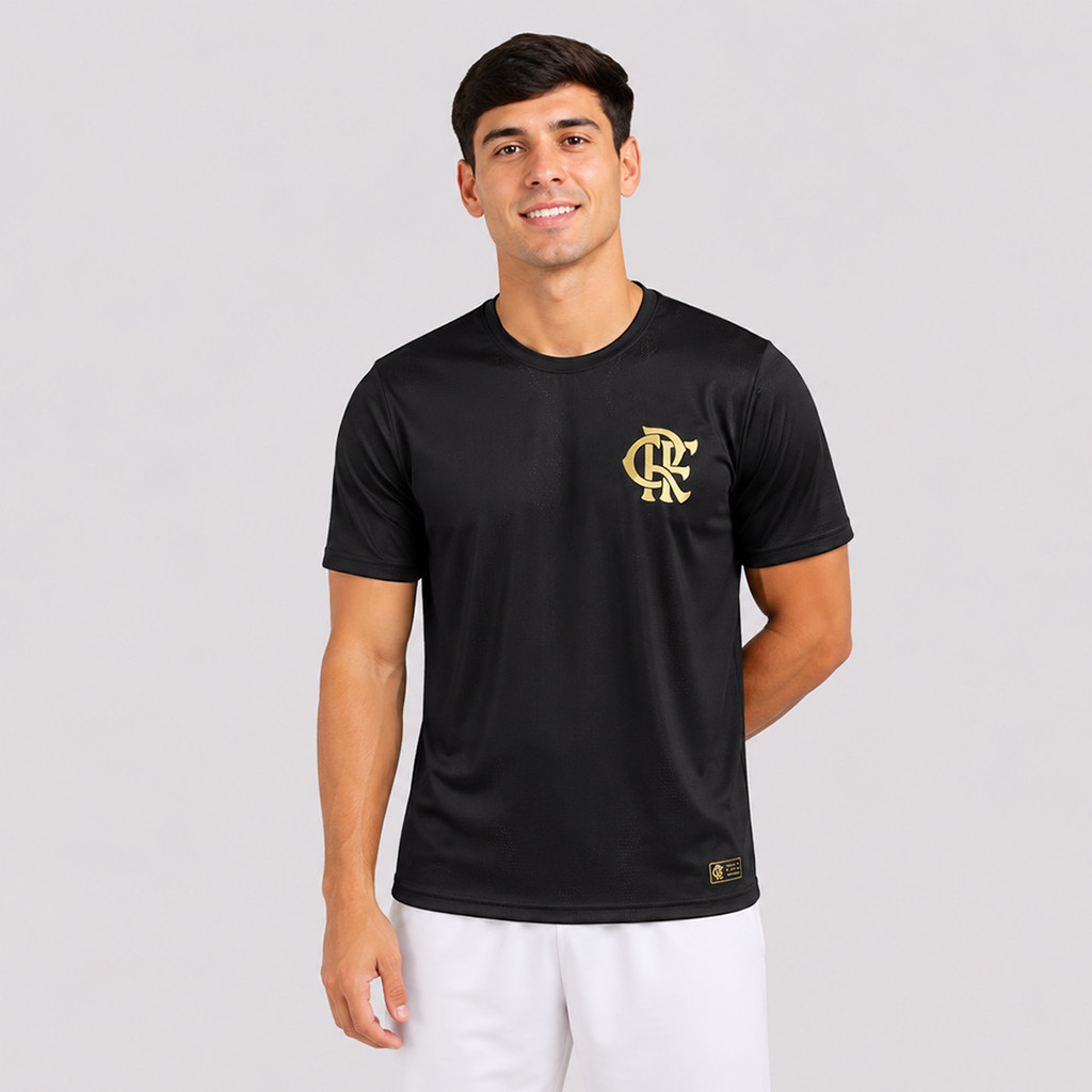 Camisa Flamengo Poliamida Escudo Preta e Dourado