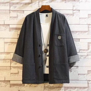 Estilo chinês Denim jaqueta masculina primavera estilo japonês quimono Robe antigo traje Hanfu manto tamanho grande Retr