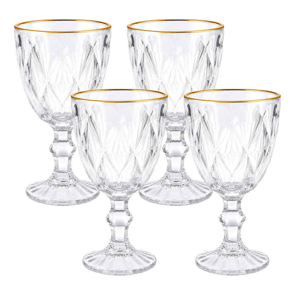 Jogo 4 Taça Diamond com Borda Dourada Vidro Transparente Diamante Água 320ml Haüskraft Premium