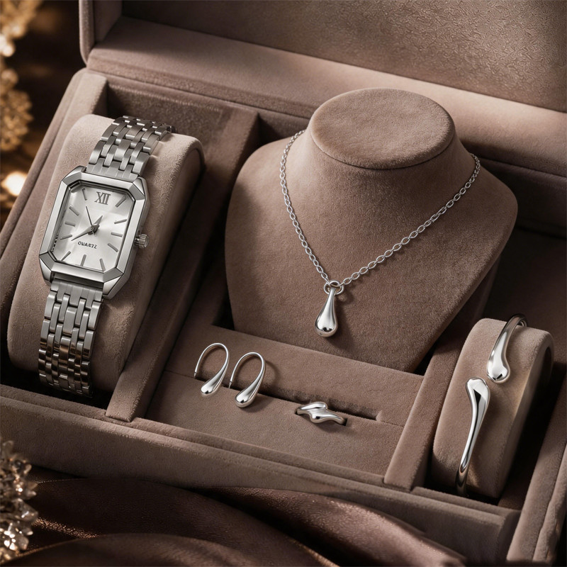 Kit Relógio Feminino Prateado 5 Peças Colar Brinco Pulseira Anel Conjunto Luxo Presente para Mulher