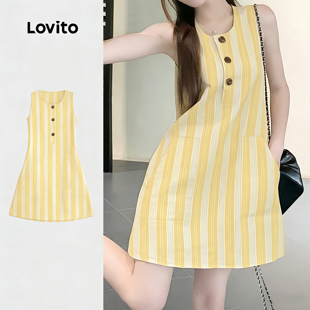(New Arrival) Lovito Vestido Casual com Bolso e Padrão de Botão para a Primavera/verão Amarelo para mulheres L196ED659
