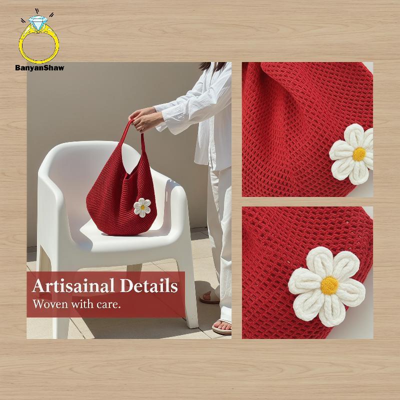 [BANY] 1 Unidade De Ombro De Crochê Feito À Mão Bolsa Com Decoração De Flores Sacola De Malha Oca Casual De Grande Capac