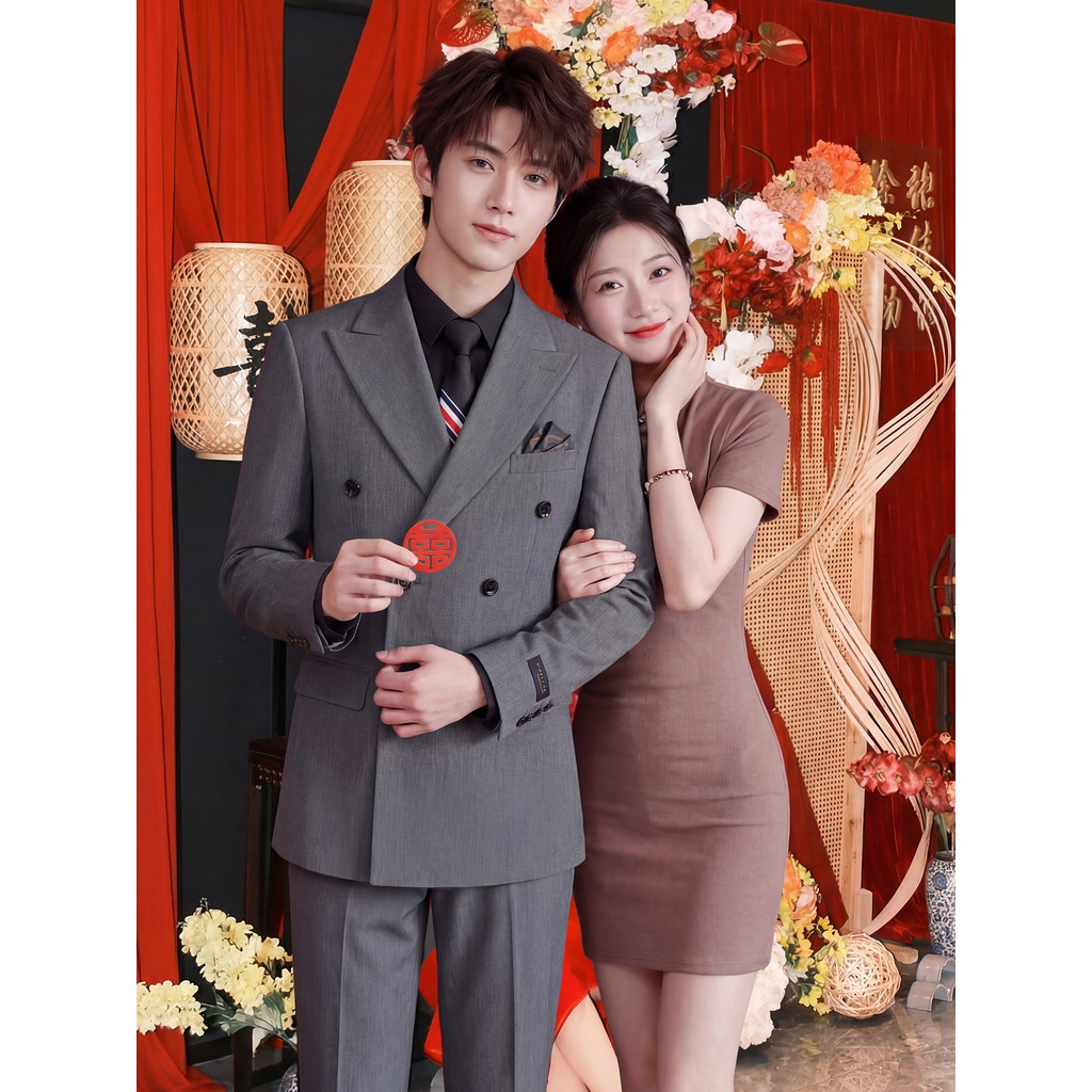 ARHI terno duplo Breasted masculino cinza escuro terno Formal High-End noivo terno de casamento terno de noivado negócio