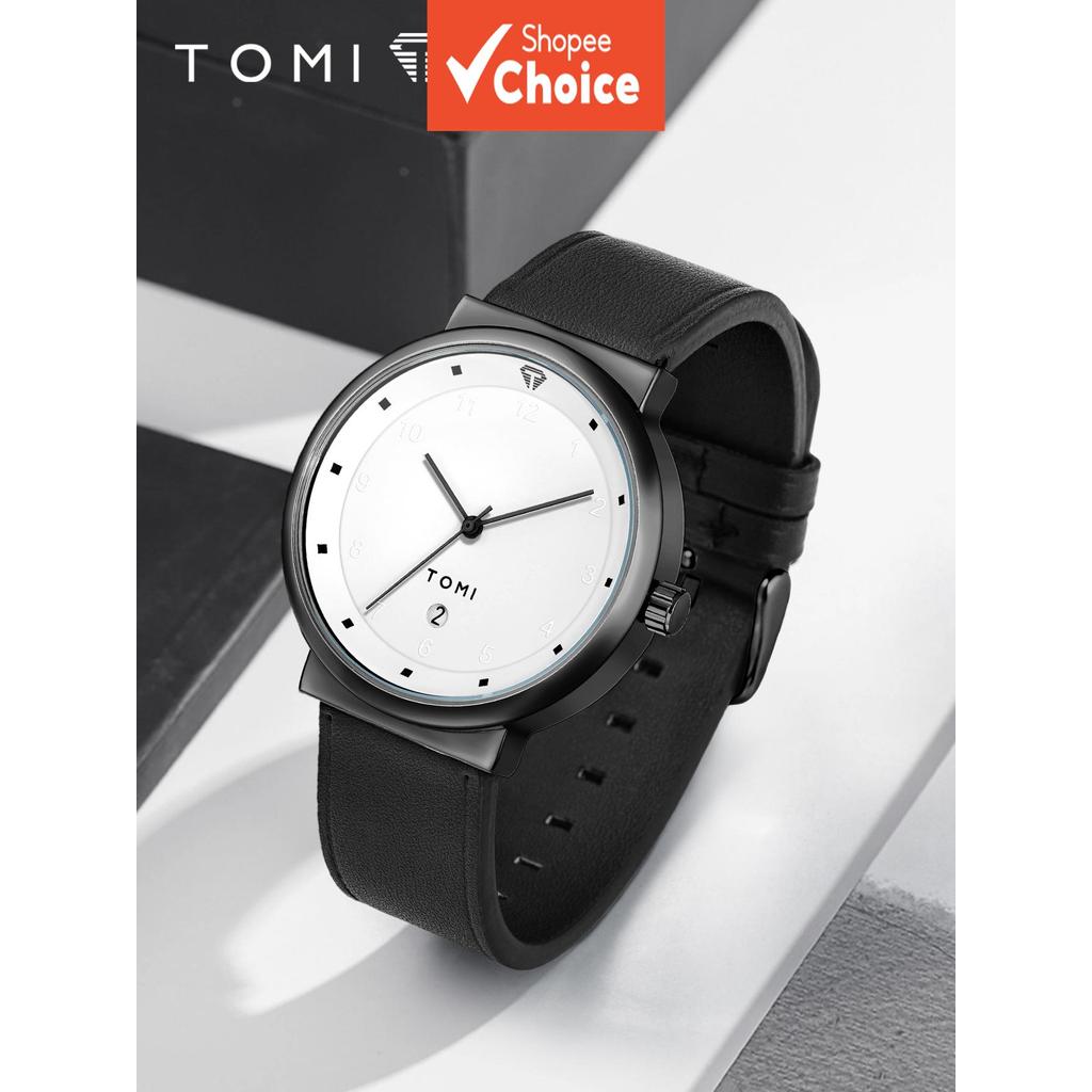 Tomi Relógio Masculino Minimalista Pulseira De Couro Preto Mostrador Redondo Rosto Branco Listrado Índice Data Casual Vi