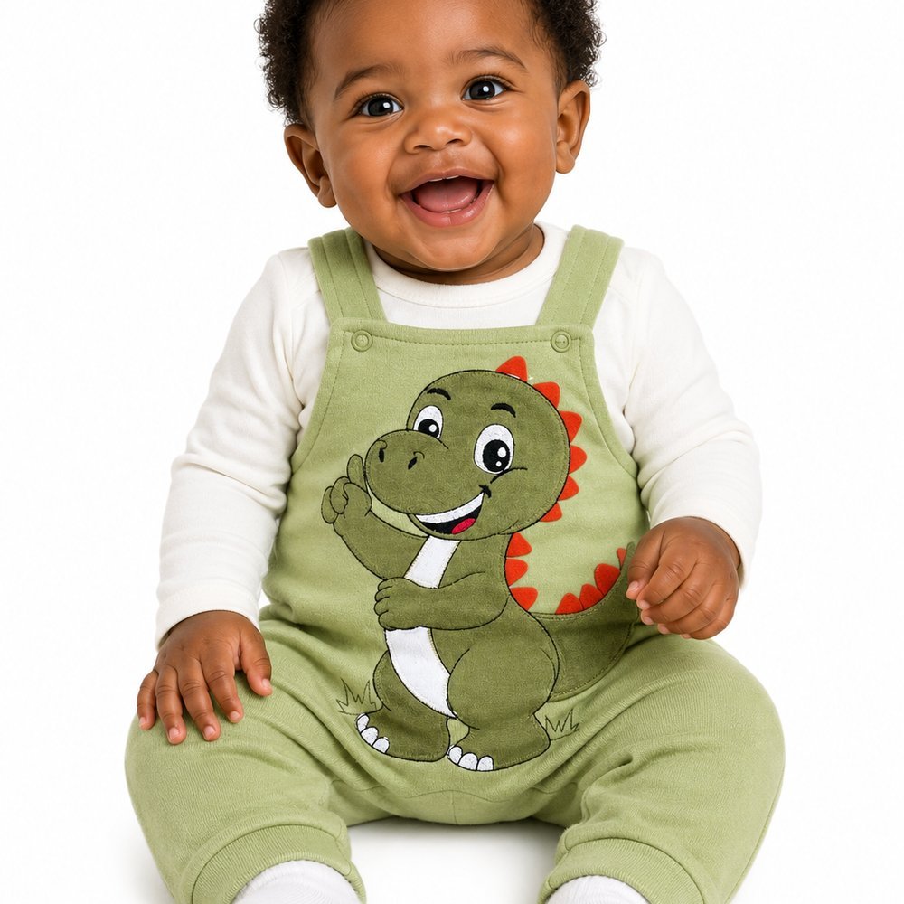 Conjunto Jardineira Bordada Dinossauro com Body Manga Longa - Bebê Brincalhão