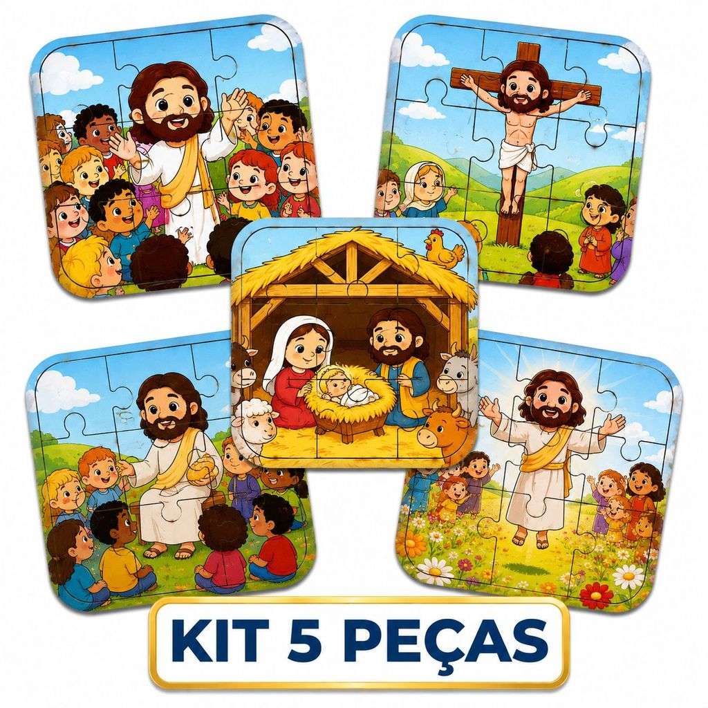 Kit 5 Quebra-Cabeça Infantil Educativo Madeira Mdf Religioso