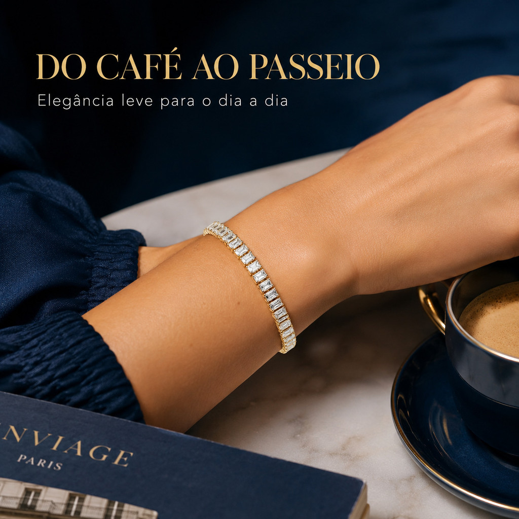 OMBRAS Pulseira Riviera Zircônia Cúbica Banhada a Ouro 18K Não Escurece Feminina 17,5cm 6mm — imagem 2 de 2