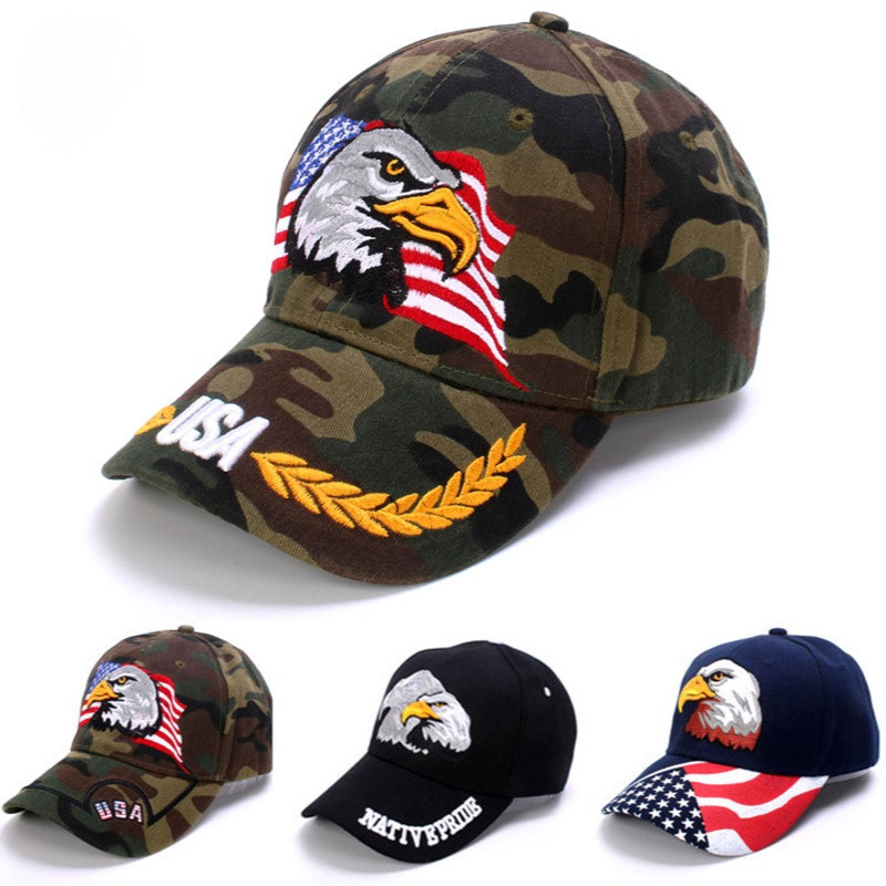 Boné de beisebol unissex com design bordado da bandeira da Águia Americana em 3D, estilo "dad hat" preto.