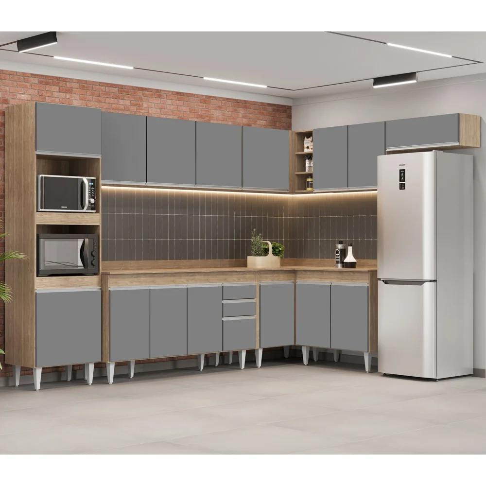 Armário de Cozinha Modulada de Canto 8 Peças CP08 Balcão com Tampo Castanho/Cinza - Lumil