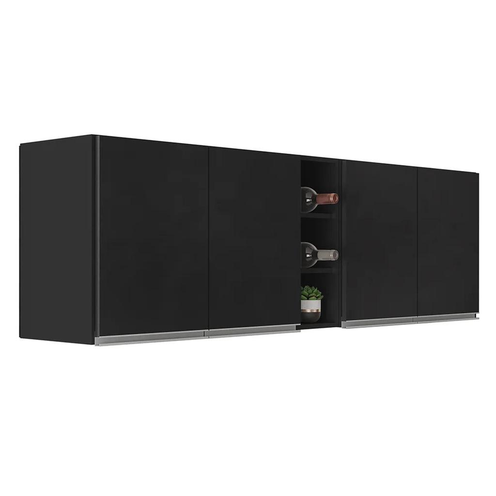 Armário de Cozinha Aéreo Califórnia Kit 2 e Nicho Adega Riad 180cm Preto - Lumil