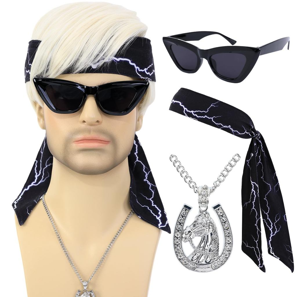 Peruca Curta Loira para Cosplay Masculino com Colar, Faixas de Cabeça e Óculos, Peruca de Cabelo Sintético para Fantasia