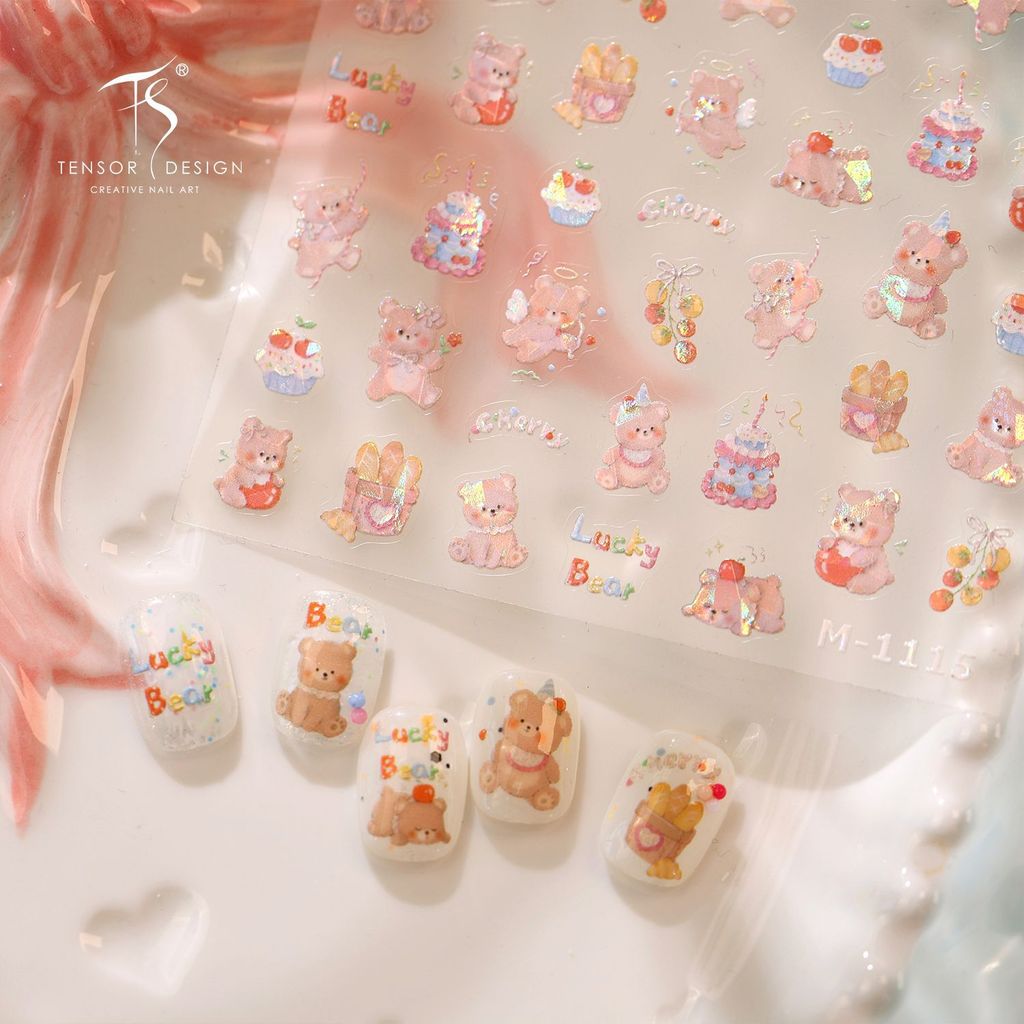 [Meow.Sensei] Adesivo de unhas Moji com urso e bolo brilhante M-1115, estilo fofo e delicado para meninas, com brilho de
