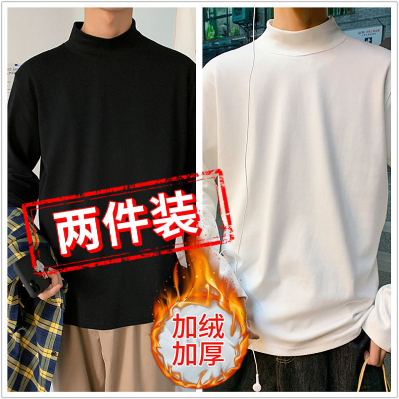 Dupla face alemão veludo manga comprida camiseta masculina roupa interior térmica meia gola alta forro de lã camisa de f
