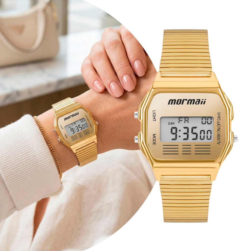 Relógio Feminino Digital Dourado com Caixa e Pulseira de Aço Inoxidável à Prova d` Água Vintage Retrô Luxo Mormaii