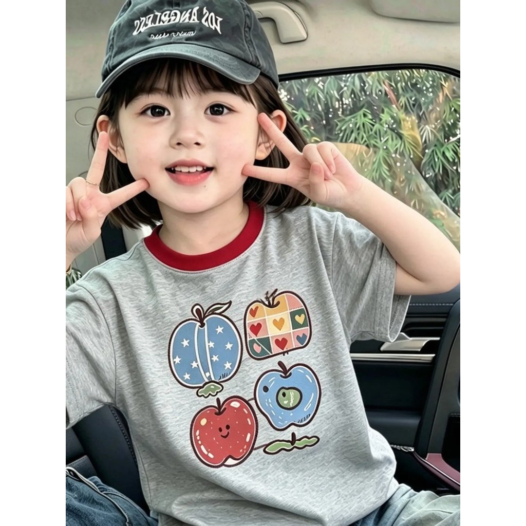 Meninas camiseta de manga curta 2026 novo estilo meninas verão versão coreana Casual topos crianças moda impressa meia m