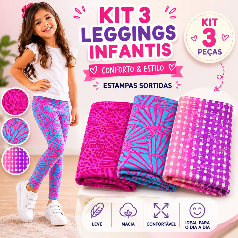Kit 3 Legging Infantil Menina Estampada Confortável Moda Kids Sortidas |1905| Promoção