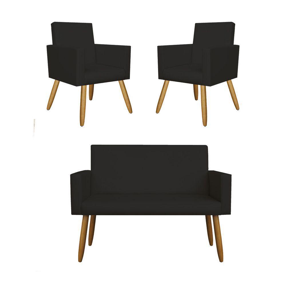 Kit Sofá Namoradeira + 2 Poltrona Decorativa Tecido Preta