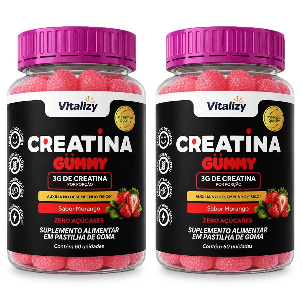 Kit 2x60 Creatina em Goma Gummy 3g Zero Açúcar Sabor Morango Vitalizy